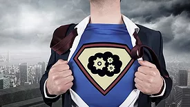 This image shows a businessman opening his suit to reveal a superhero emblem
