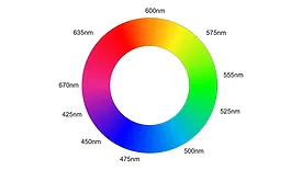 a chromatic color wheel with marked wavelengths in nanometers (nm)