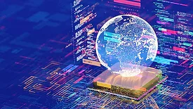 Digital globe displayed above a microchip with data and code visualizations.