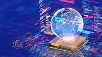 Artificial Intelligence and Digital Transformation Technology Digital globe displayed above a microchip with data and code visualizations.