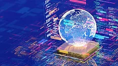 Artificial Intelligence and Digital Transformation Technology Digital globe displayed above a microchip with data and code visualizations.