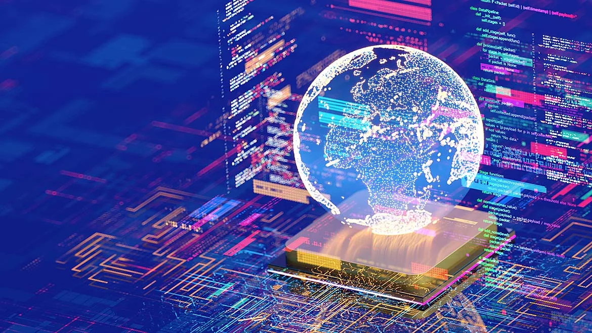 Digital globe displayed above a microchip with data and code visualizations.
