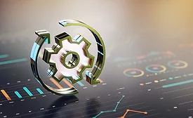 Gear icon with circular arrows over a digital analytics dashboard, representing automation, process optimization or data management.