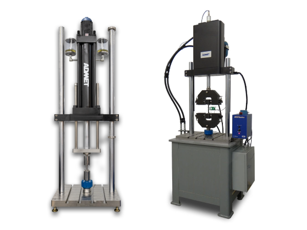 Two universal testing machines used for tensile, compression, and material testing, featuring vertical load frames, grips, and automated testing controls.