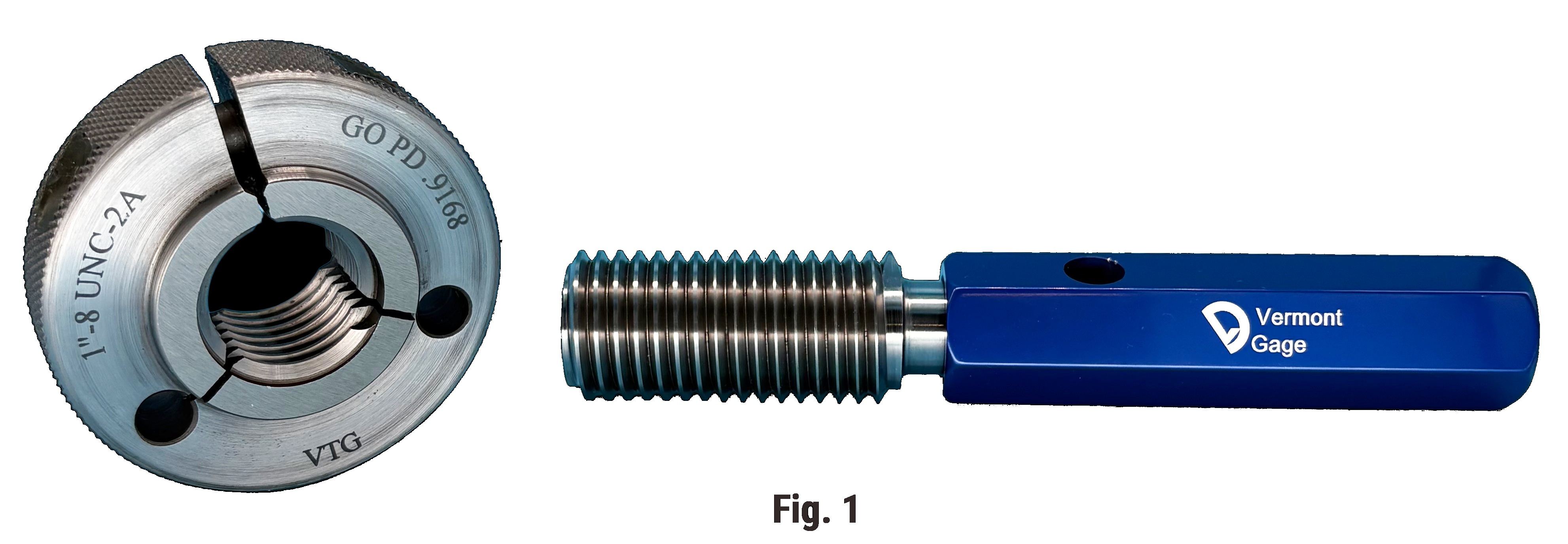 Thread plug gage and thread ring gage used to inspect internal and external threads for dimensional accuracy and tolerance compliance in precision manufacturing.