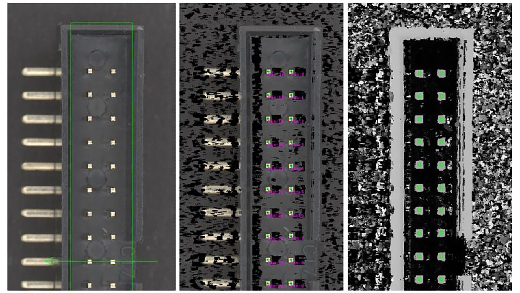 Machine vision image showing connector pins and contact pads analyzed with line-scan imaging and automated defect detection overlays.