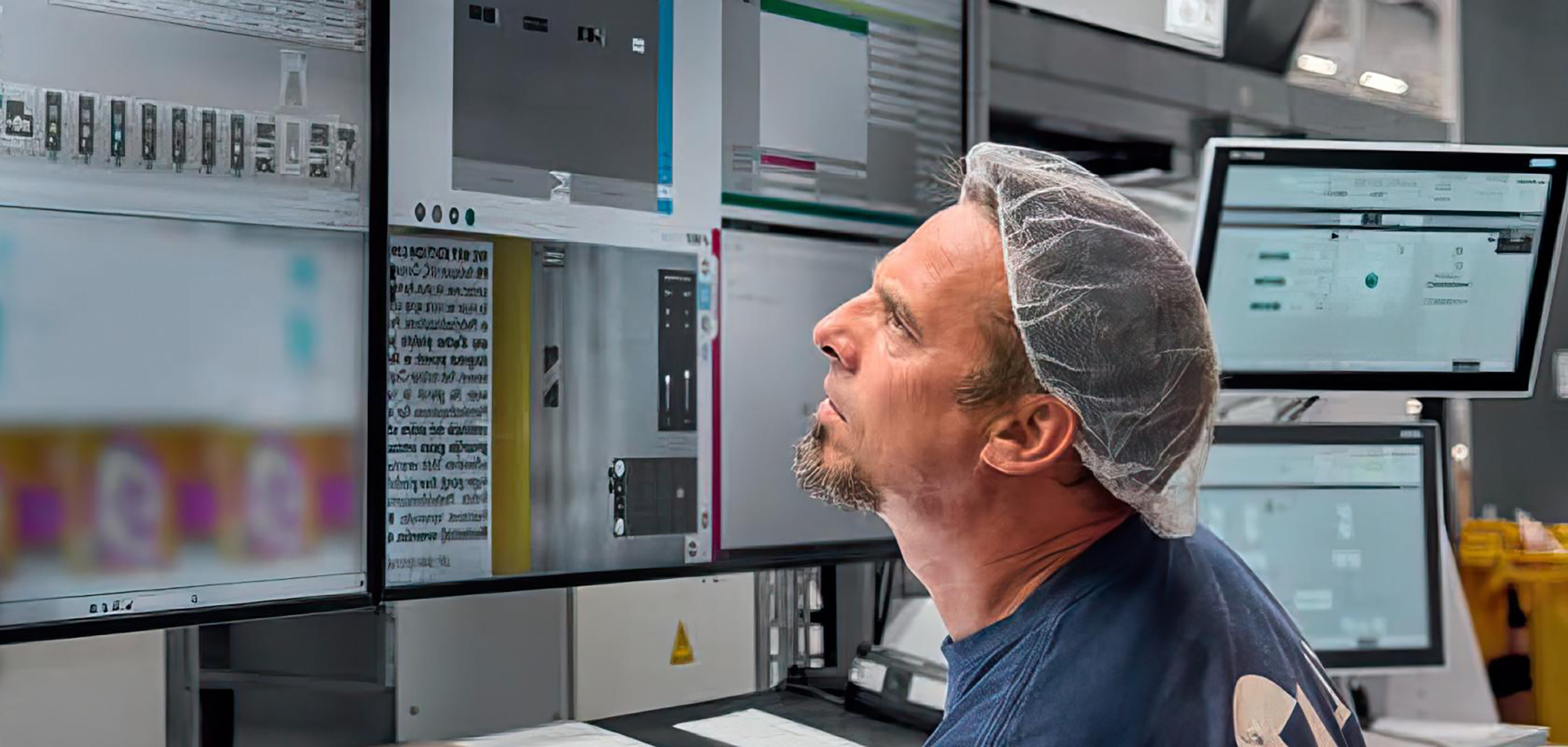 Manufacturing technician monitoring machine vision inspection results on display screens in a high-speed printing production environment.