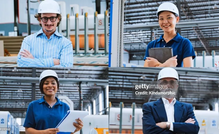Collage of manufacturing professionals wearing hard hats in an industrial facility, representing plant management, engineering, and production workforce roles.
