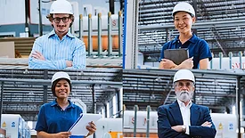 Collage of manufacturing professionals wearing hard hats in an industrial facility, representing plant management, engineering, and production workforce roles.