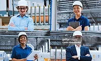 Collage of manufacturing professionals wearing hard hats in an industrial facility, representing plant management, engineering, and production workforce roles.
