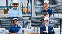 Manufacturing Workforce and Plant Leadership Collage of manufacturing professionals wearing hard hats in an industrial facility, representing plant management, engineering, and production workforce roles.