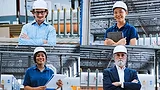 Manufacturing Workforce and Plant Leadership Collage of manufacturing professionals wearing hard hats in an industrial facility, representing plant management, engineering, and production workforce roles.