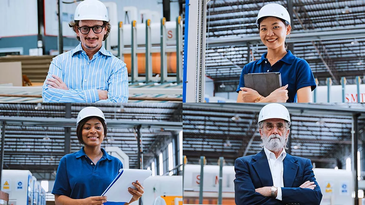 Collage of manufacturing professionals wearing hard hats in an industrial facility, representing plant management, engineering, and production workforce roles.