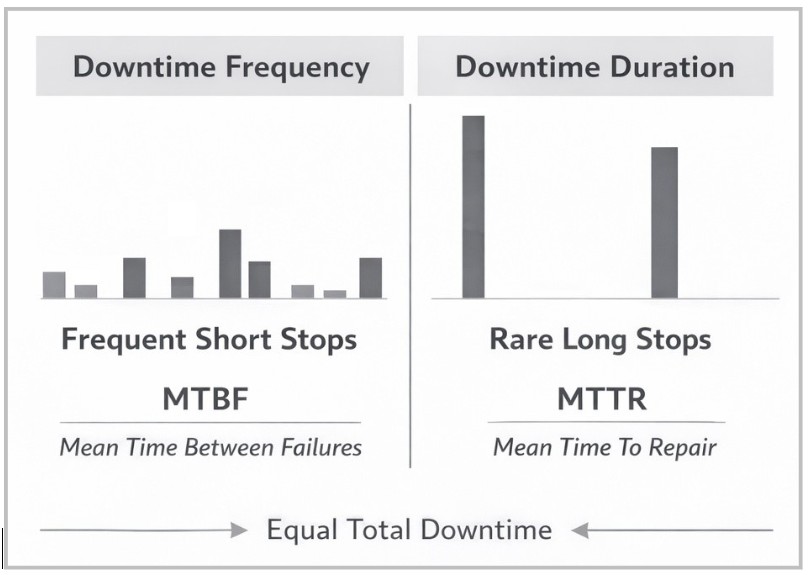 Chart illustrating the relationship between MTBF (Mean Time Between Failures) and MTTR (Mean Time To Repair), comparing frequent short equipment stops with rare long downtime events that result in equal total downtime.