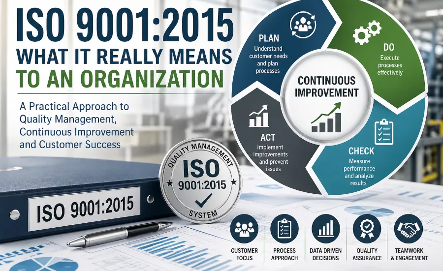 Infographic explaining the ISO 9001:2015 quality management system, highlighting the Plan-Do-Check-Act cycle, continuous improvement, customer focus, and quality management principles.