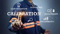 Technician selecting a digital calibration interface displaying metrology concepts, including calibration, certification, standards, measurement uncertainty, instrumentation, and evaluation.