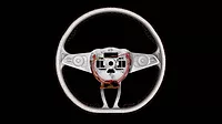 CT Scan of Automotive Steering Wheel Industrial computed tomography (CT) scan of an automotive steering wheel, revealing internal wiring, electronic components, and structural features for nondestructive inspection and quality analysis.