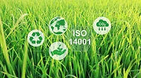 ISO 14001 Environmental Management Concept ISO 14001 graphic with sustainability, recycling, and carbon emissions icons over green grass.
