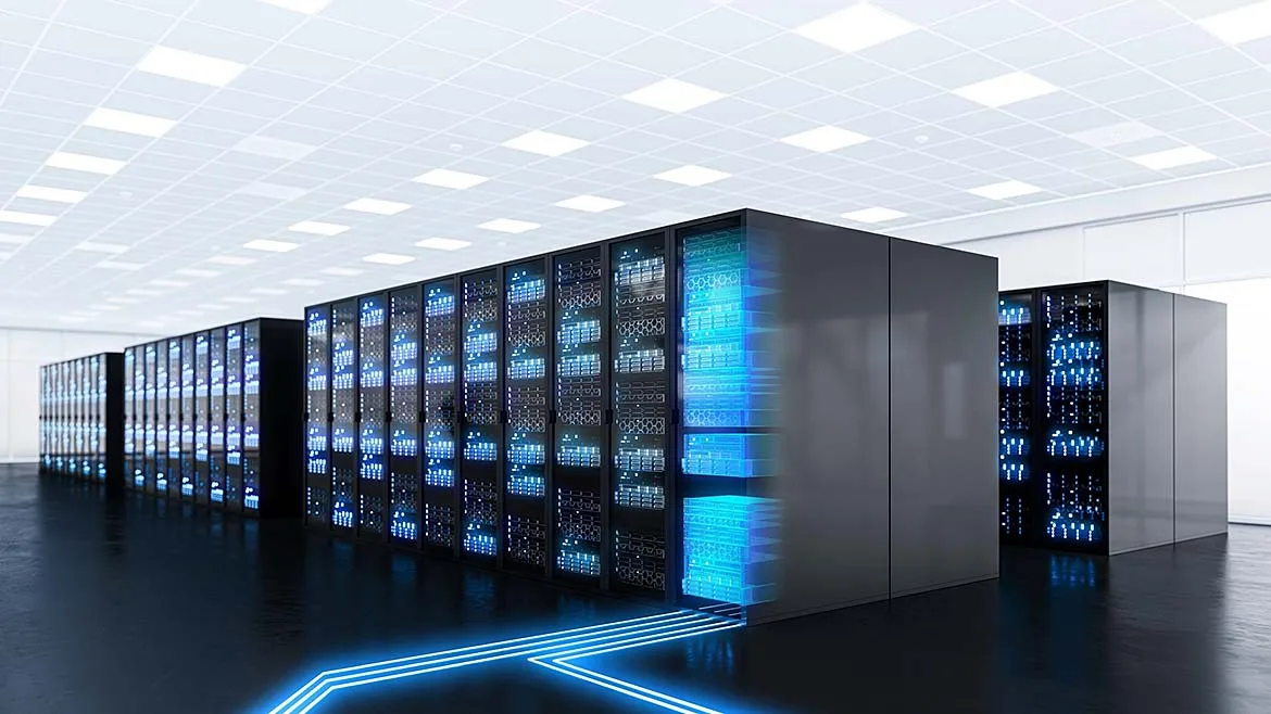 AI Data Center Server Racks Rows of server racks inside an AI data center.