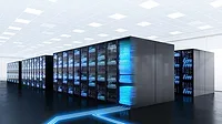 Rows of server racks inside an AI data center.