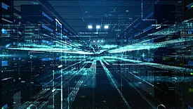 Data center server racks overlaid with digital data streams and analytics graphics.
