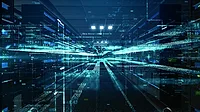 Data center server racks overlaid with digital data streams and analytics graphics.
