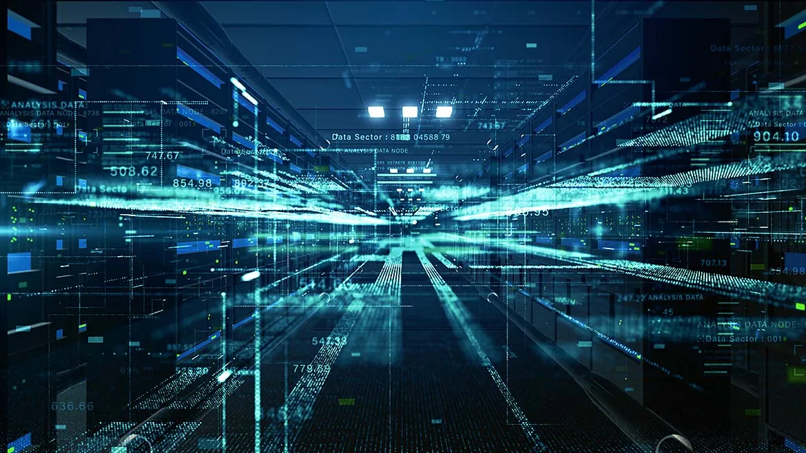 Data center server racks overlaid with digital data streams and analytics graphics.