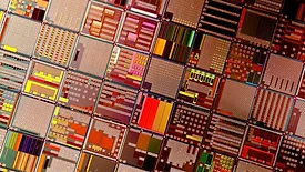 Close-up of semiconductor wafer die patterns on a silicon chip.