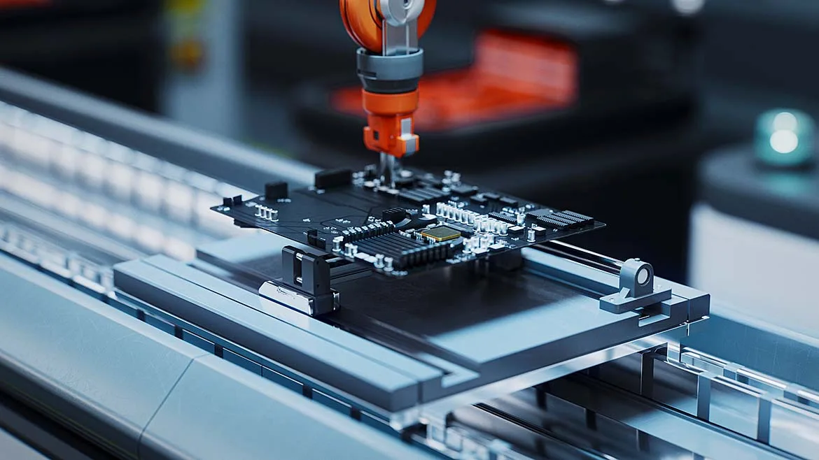 Robotic Assembly of Printed Circuit Boards Robotic arm assembling electronic components on a printed circuit board.