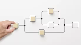 Business process and workflow automation with flowchart. Hand holding wooden cube block arranging processing management on white background