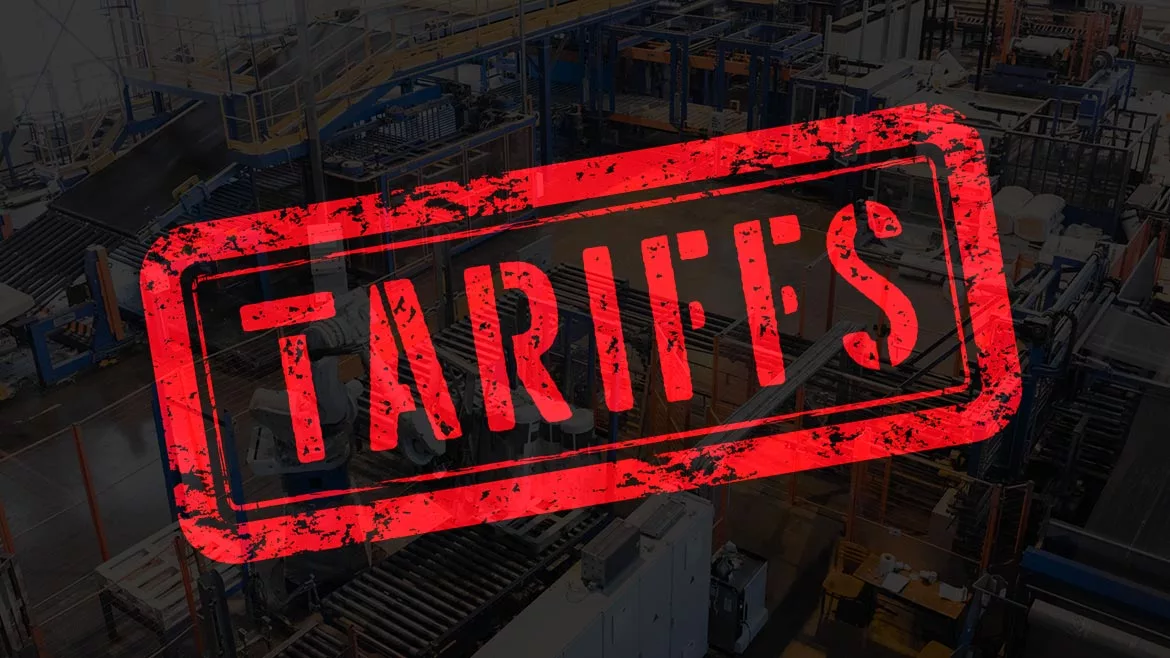 Red 'TARIFFS' stamp on a black background.