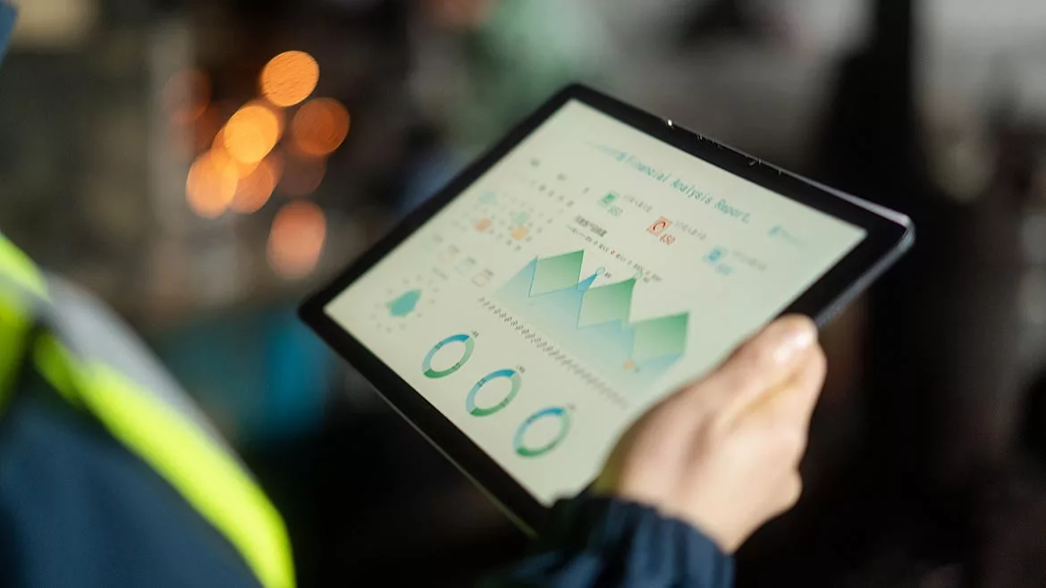Cropped image of person in a safety vest, holding a laptop with analytics on the screen and a blurred background.