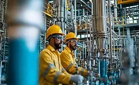 Two workers in yellow safety gear working in a factory Two workers in yellow safety gear and safety glasses working in a factory.