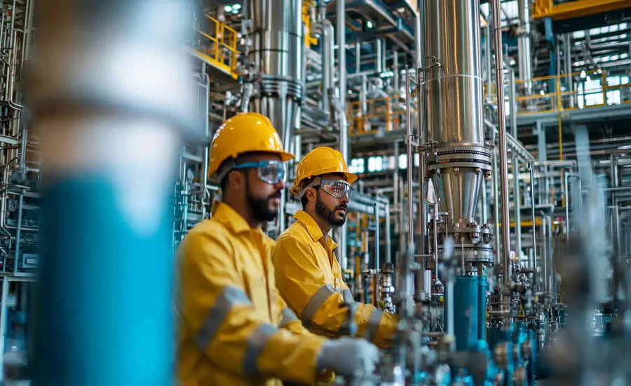 Two workers in yellow safety gear and safety glasses working in a factory.
