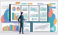 Big control center with business graphs showing key process indicators for finances, stock market and process efficiency, data analysis concept, generative AI