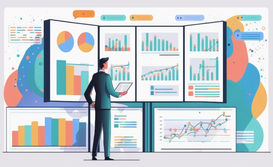 Big control center with business graphs showing key process indicators for finances, stock market and process efficiency, data analysis concept, generative AI