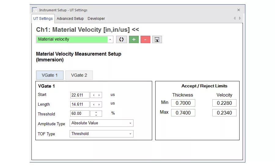 Figure 7: The velocity and thickness limits for the casting to be tested are calculated and entered into the ultrasonic test setting dialogue.