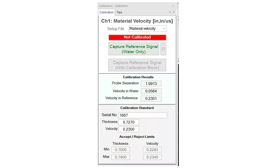 Figure 8: The serial number, thickness, and velocity of the reference casting is entered into the calibration dialogue.