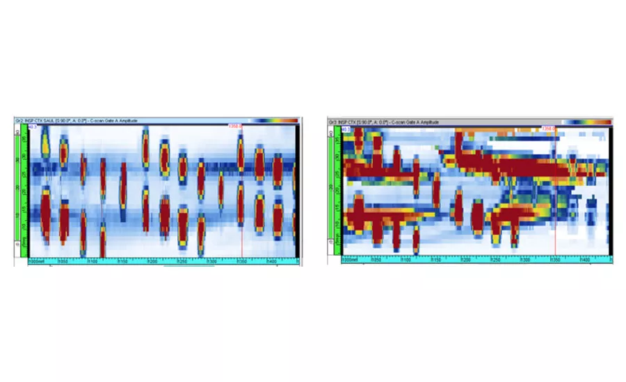 Inspecting non-uniform (weighted) varying radiuses with (left) and without (right) adaptive focusing.