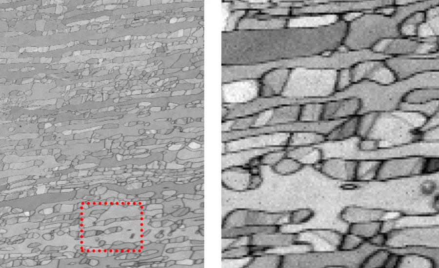 Figure 1 - EBSD pattern quality maps for a duplex steel at low (left) and high (right) magnifications.
