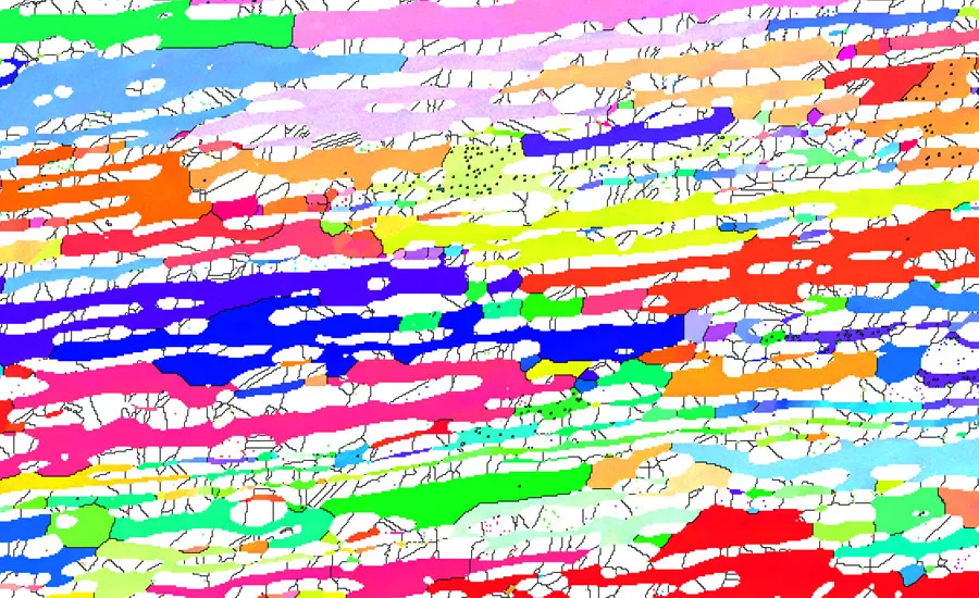 Figure 2 EBSD analysis of a duplex steel: a) orientation distribution of ferrite,