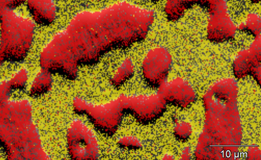 Figure 3. High magnification EDS phase maps for Austenite (red) and Ferrite (yellow) phases within the Duplex.