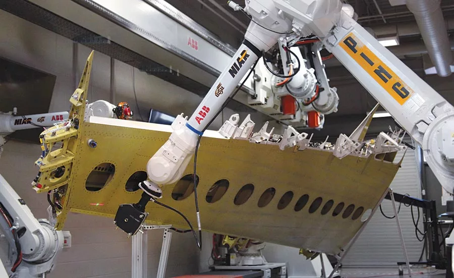 A Leica T-Scan is used to scan and measure an aircraft wing.