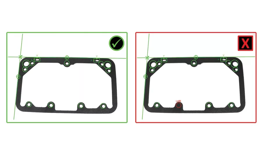 Vision sensor inspection of good gasket (left) and bad gasket (right). Source: Cognex