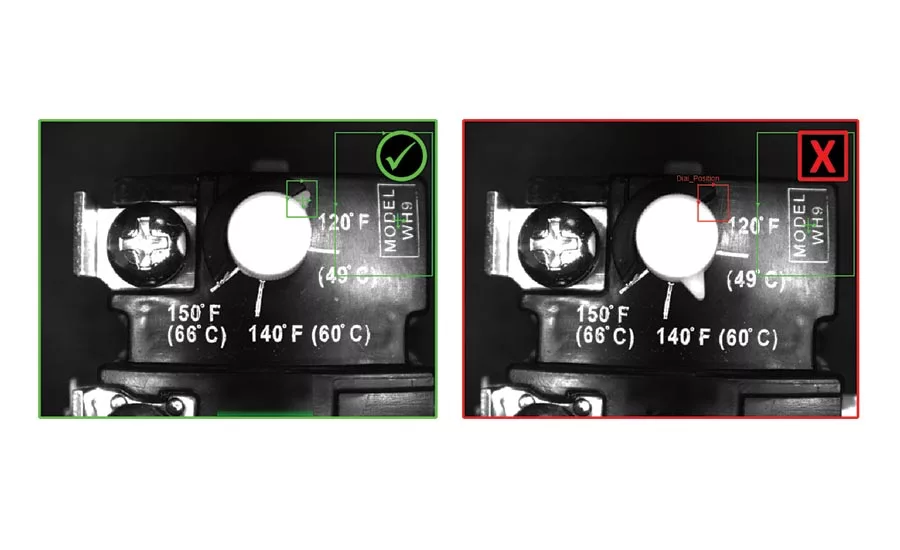 Vision sensor inspection of thermostat with dial set to correct position (left) and wrong position (right). Source: Cognex