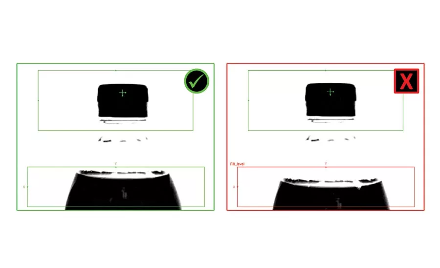 Vision sensor inspection of properly filled bottle (left) and underfilled bottle (right). Source: Cognex