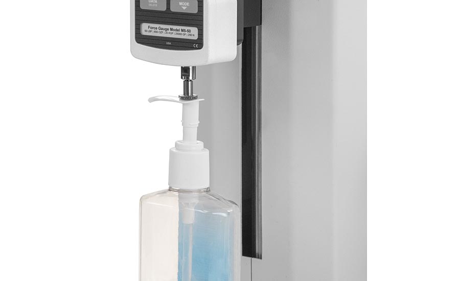 A sanitizer pump dispenser is tested in compression.