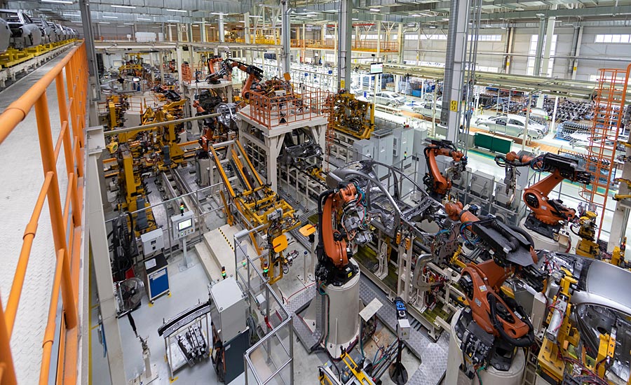 Overhead view of robots on a factory floor