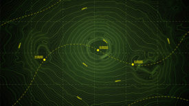 Sea Abyss Crater Vector Topographic Map With Depth Route And Coordinates Conceptual User Interface Dark Green Background. Topography Relief Of Dormant Volcano Underwater Area Abstract Illustration