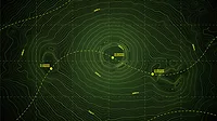 Sea Abyss Crater Vector Topographic Map With Depth Route And Coordinates Conceptual User Interface Dark Green Background. Topography Relief Of Dormant Volcano Underwater Area Abstract Illustration
